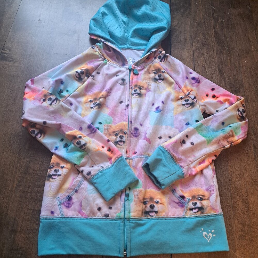 Size 6 Justice hoodie turquoise teal puppy dog faces pattern size 6